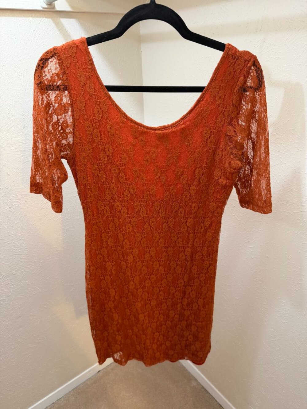 Velvet Torch Burnt Orange Lace Short Sleeve Mini Dress - Size L